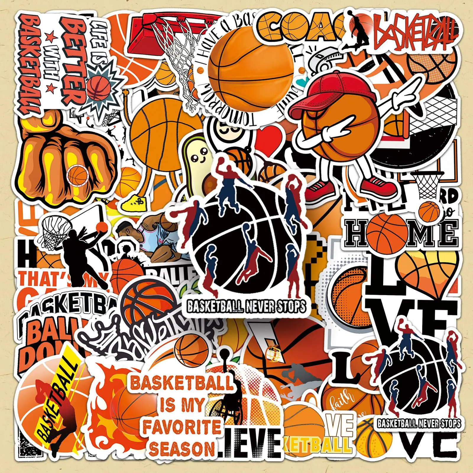 Basketball Themed Sticker, 100pcs/set Basketball Pattern Decorative Sticker, DIY Decals for Water Bottle, Laptop, Phone Case, Scrapbooking, Journal Making