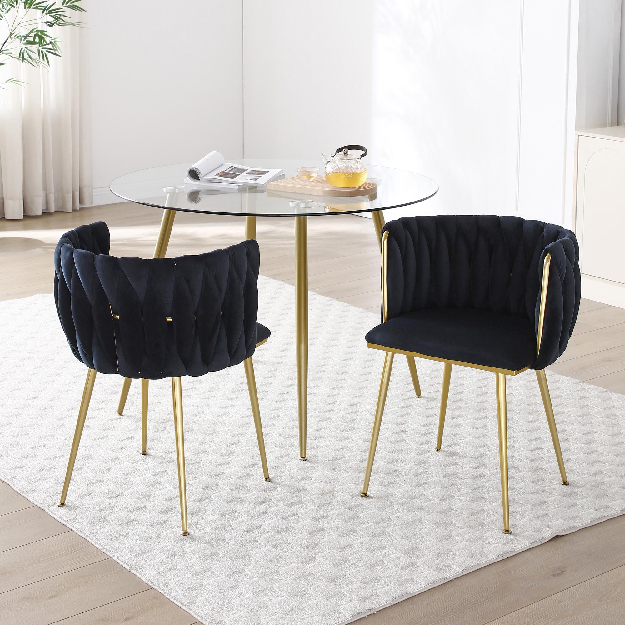 Eyisean 28" H Velvet Modern Dining Chairs Set of 2, Luxury Upholstered Side Chair with Curved Woven Backrest, Durable Accent Chair with Golden Metal Legs, Easy Assembly for Dining Room, Kitchen, Living Room