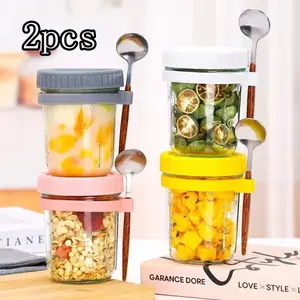 2 Pack Overnight Oats Containers 350ML/12oz with Spoon and Lid, Airtight Leak Proof Sealed Glass Meal Prep Container, Instant Oatmeal Storage Jar