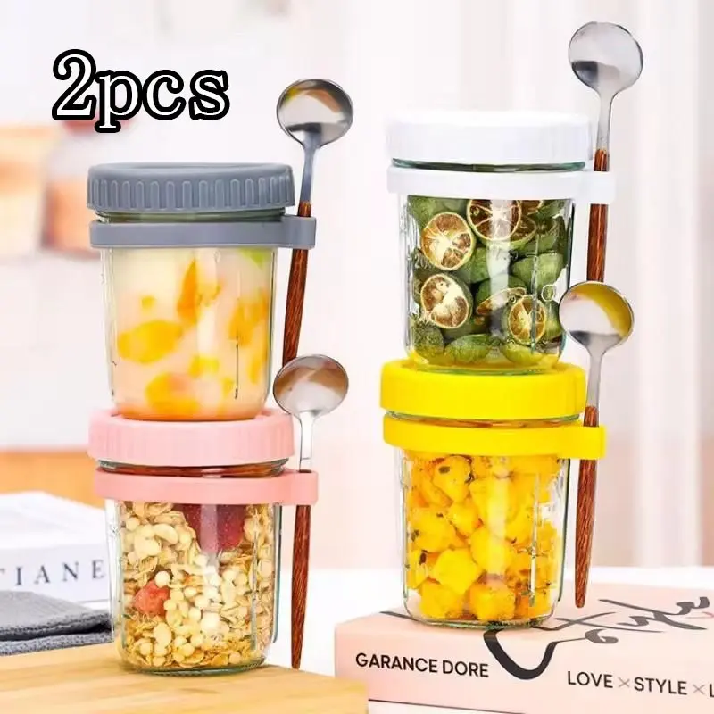 2 Pack Overnight Oats Containers 350ML/12oz with Spoon and Lid, Airtight Leak Proof Sealed Glass Meal Prep Container, Instant Oatmeal Storage Jar