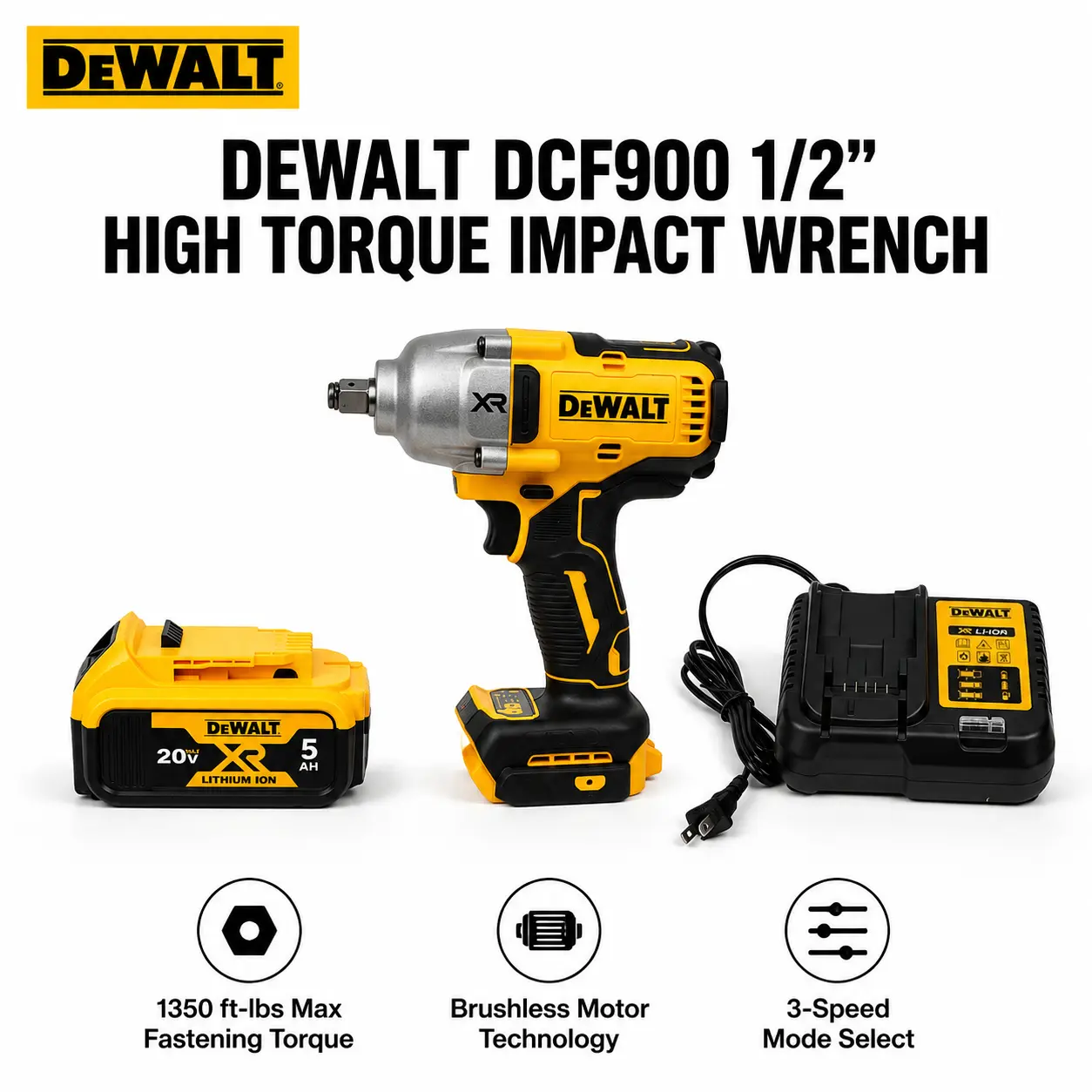 DEWALT DCF900 20V MAX Cordless 1/2 Inch High Torque Impact Wrench Kit for Steel Framing Construction, Professional Fastening Power Tool Features Precision Wrench Mode Designed for Heavy Duty Bolt Drive Tasks