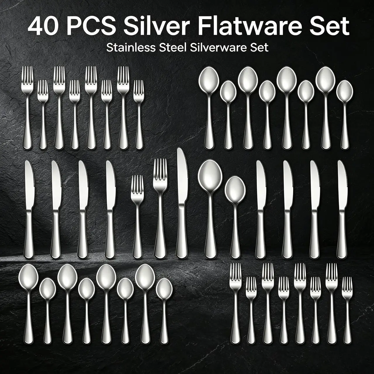 40-Piece Stainless Steel Mirror-Polished Utensils & Tableware Set - Modern, Everyday, Scratch-Free Dinner Sets, Dishwasher Safe, Stain-Resistant, Premium Minimalist Design for Dining Tables Classic Silver Stainless Steel Utensils Set