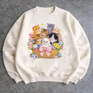 Kitten Flower Basket Sweatshirt, Vintage Style Cat Tee Shirt, Animal Lover Apparel, Vintage Cats Hoodie, Gift For Cat Lover