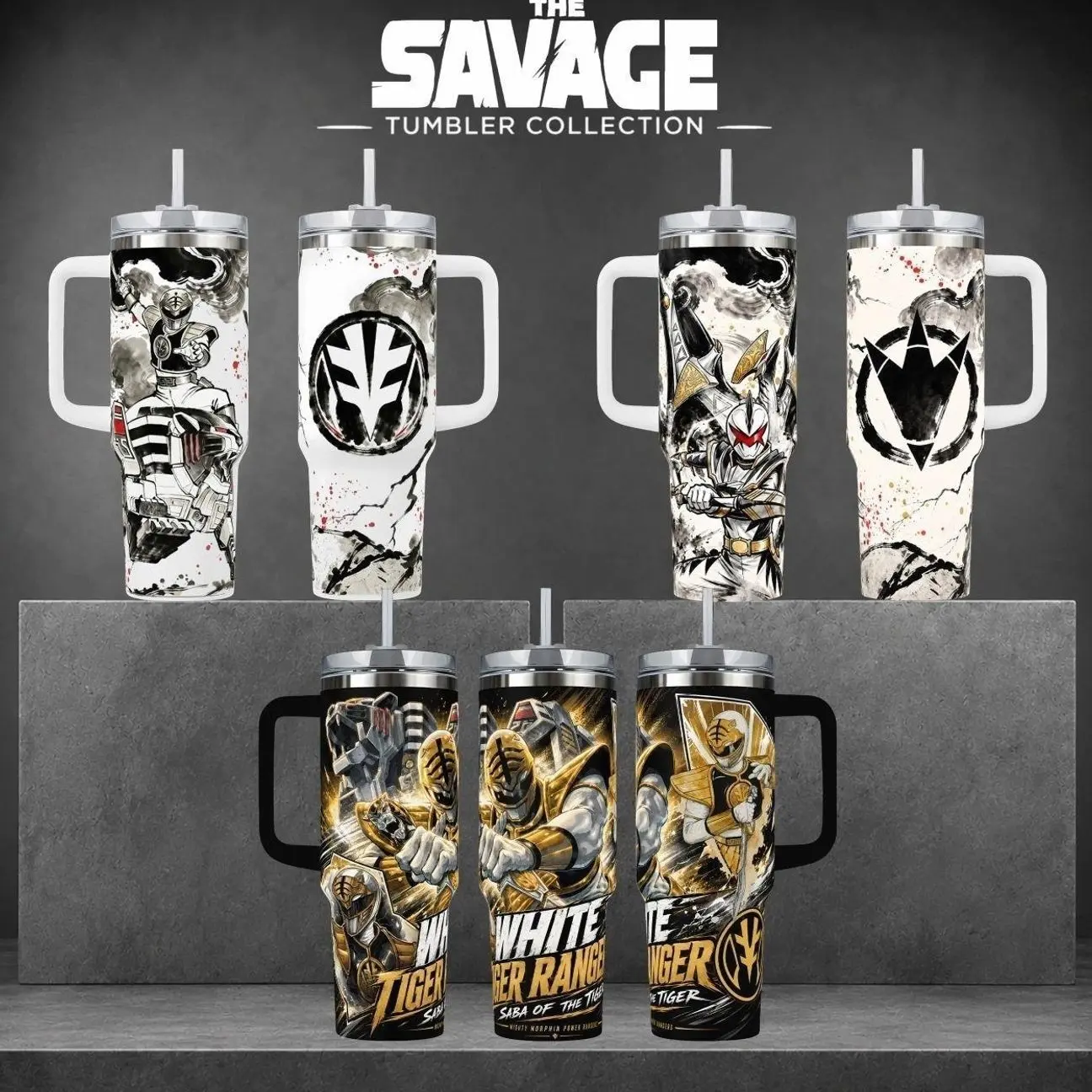 White Ranger Tigerzord Graphic Tumbler, Mighty Morphin 40oz Cup with Handle, Saba Sword Martial Arts 20oz Stainless Steel Travel Mug, 90s Nostalgia Hero Gift, White Ranger Inspired Insulated Tumbler