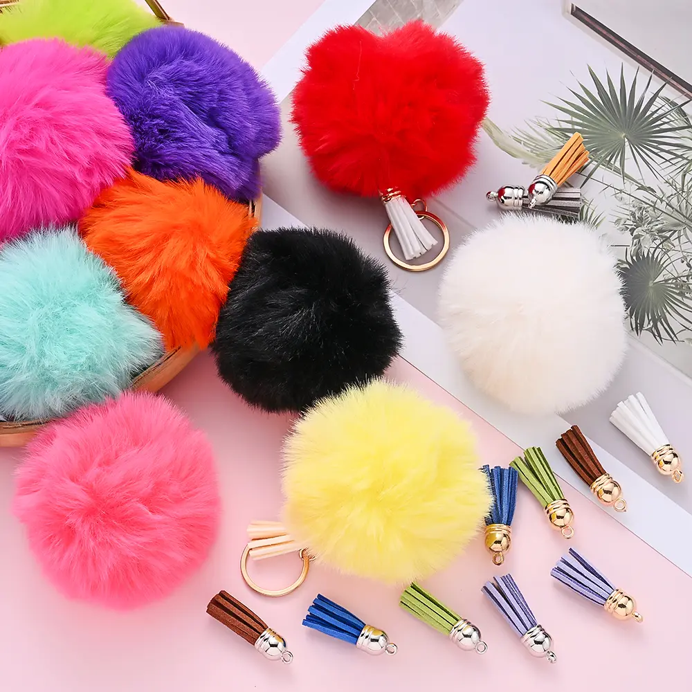 Fluffy Faux Fur Pom Pom Keychain with Tassel 2.75 Inch Removable Clasp and Elastic Loop for Purse Bag Hat Shoes Charm Accessories Silver or Gold Clip