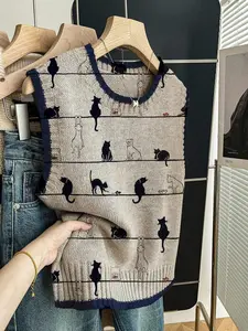 Women's Casual Loose-Fitting Round Neck Sleeveless Knit Top, Cartoon Cat Print, Deep Blue Edge, Fall & Winter Fashion