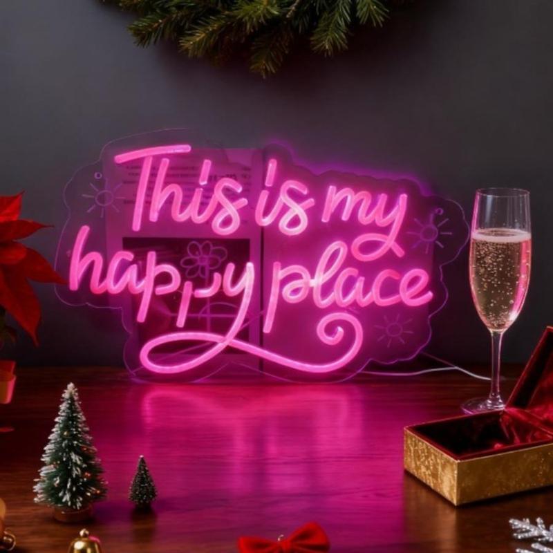 This is my happy place pink neon sign usb powered dimmable LED light sign, dimmable switch, birthday, christmas, thanksgiving, new year, housewarming gifts, family gathering, bar, game room, man cave, bedroom wall decoration