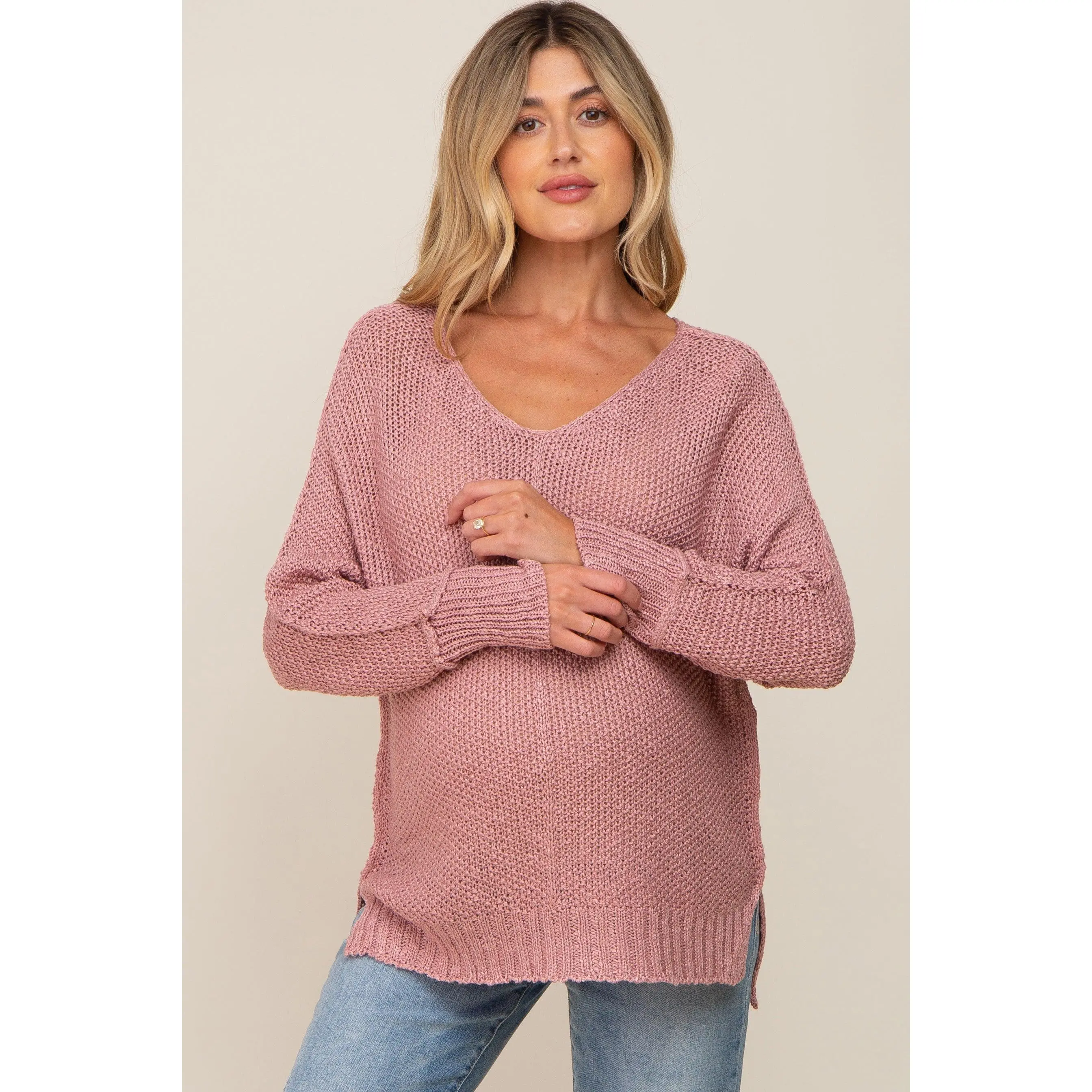 Mauve Chunky Knit Side Slit Maternity Sweater, Maternity Clothes, Pregnancy Clothes