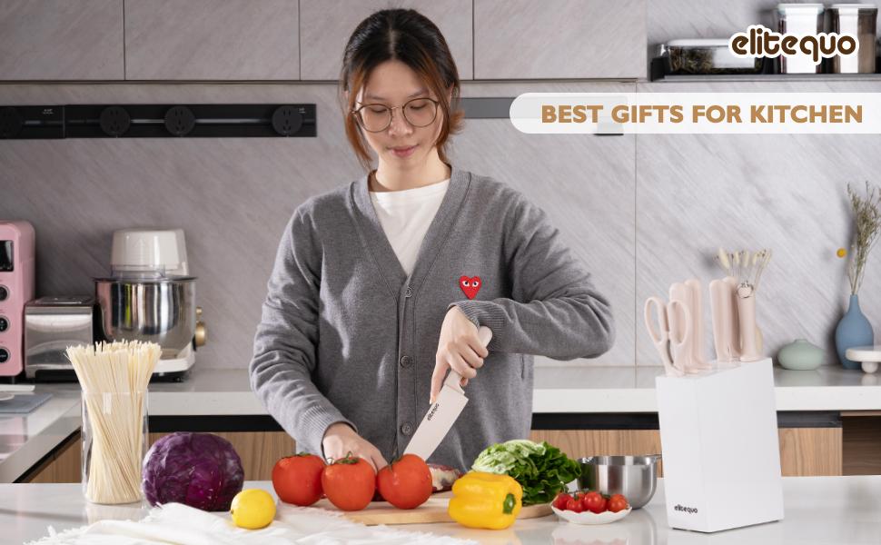 ELITEQUO 8-PCS Kitchen Knife Set With Block - Professional High Carbon Stainless Steel with Sharpening Rod & Kitchen Scissors