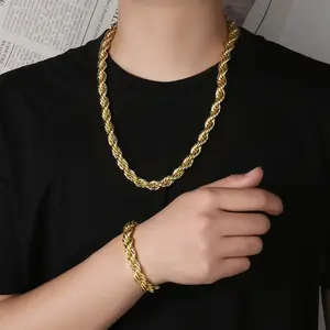 Men's Necklace 10mm Thickened Alloy Twisted Chain Gold Plated Fashion Trendy Bracelet Set