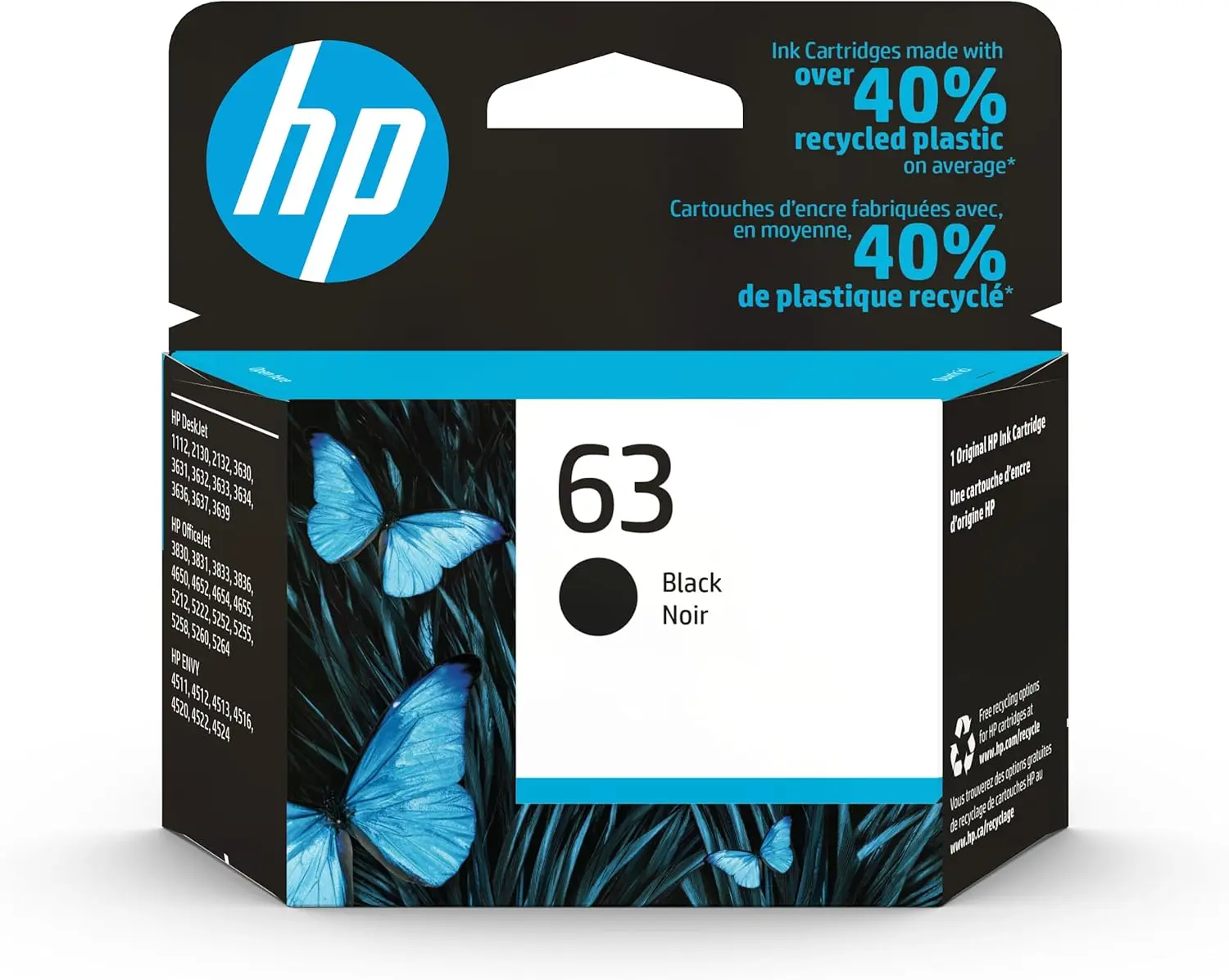 HP 63 Black Ink Cartridge (F6U62AN) - Compatible with DeskJet 1112, 2130, 3630; Envy 4510, 4520; OfficeJet 3830, 4650, 5200 Series - Instant Ink Eligible
