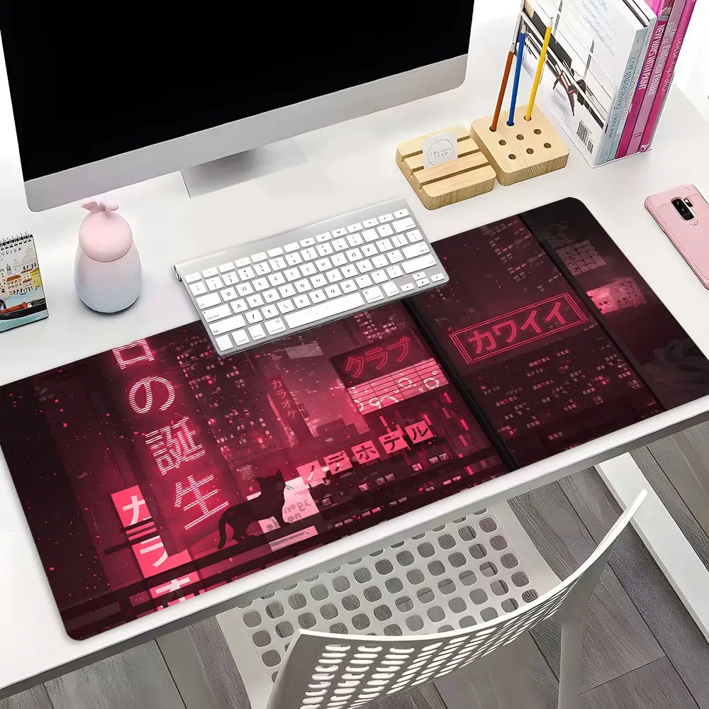 Red Neon Cyberpunk Tokyo City Anime Cat XXL Extended Gaming Mouse Pad,Synthwave Aesthetic Desk Decor, Non-Slip Rubber Desk Mat with Stitched Lock Edge, Washable Keyboard Pad for PC Gaming & Home Office, Perfect Gift for Anime & Synthwave Fans