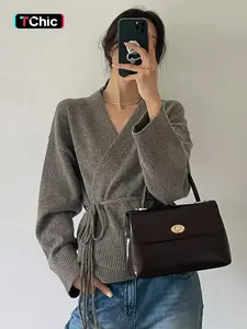 Women's Solid Color Drawstring V Neck Belt Design Sweater Cardigan, Retro Style Casual Comfortable Long Sleeve Cardigan, Soft and Skin-friendly Women's Sweater, Knitwear, Knitting