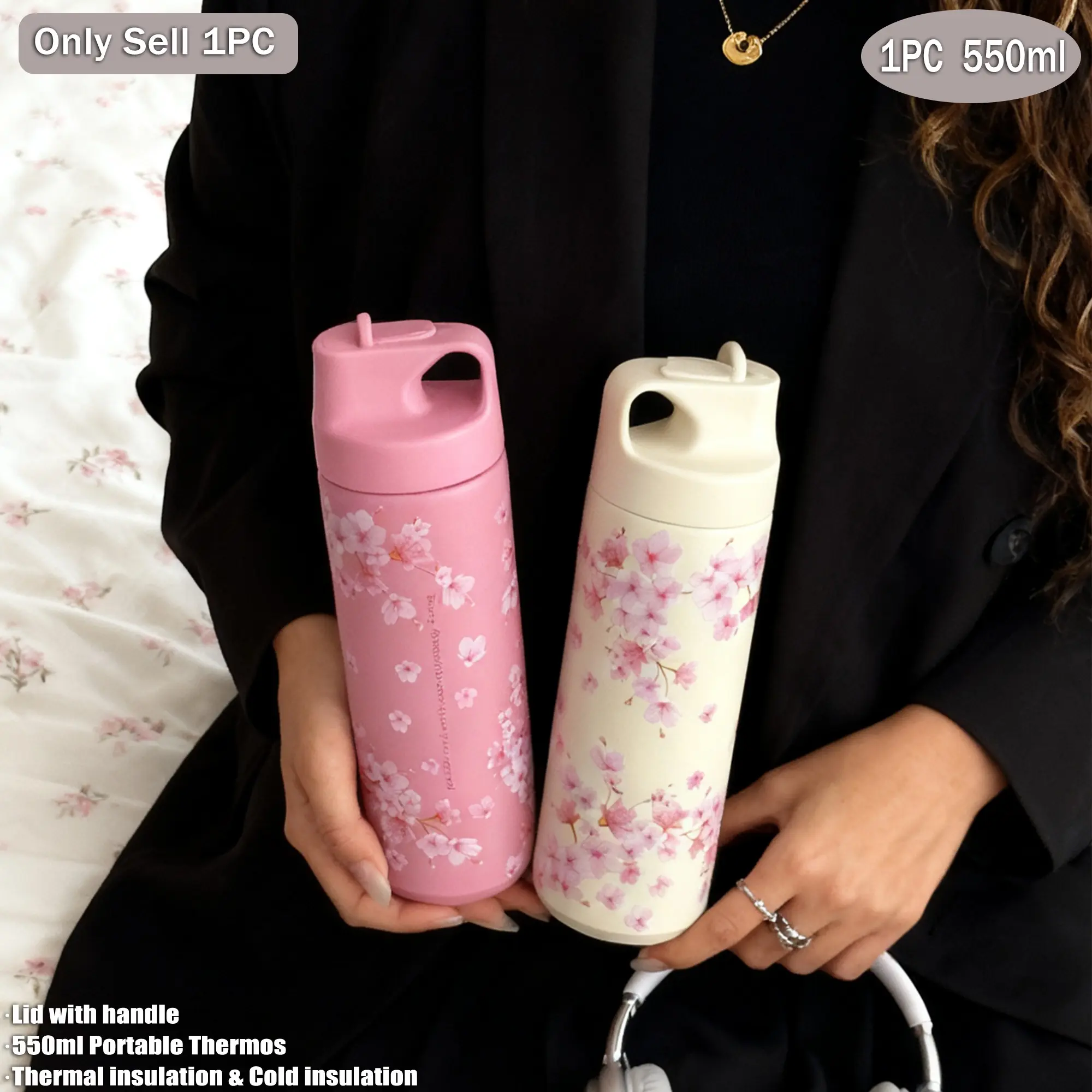 550ML Cherry Blossom Theme Dual-Layer Stainless Steel Insulated Cup, Reusable Water Bottle, Insulated Water Bottles, Coffee Mug, Travel Gift, Office & Home Use, Vacuum Insulated Drinkware