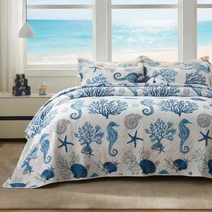 Coastal Quilt Set  Size - Lightweight Microfiber Reversible Bedspread, 98''x106'', Sea Blue, Includes 2 Shams