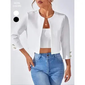 Women’s solid round-neck blazer, casual 3/4-sleeve outerwear for work, office, and business, ladies’ clothing for all seasons