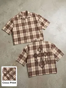 Men's Retro Brown Plaid Cross Print Short Sleeve Shirt, Y2K Loose Fit Cropped Streetwear Top, Gothic Inspired Camp Collar Shirt for Daily, Commute #springsaledeals2026 #summeroutfits #tiktokshopmademebuyit #menfashion