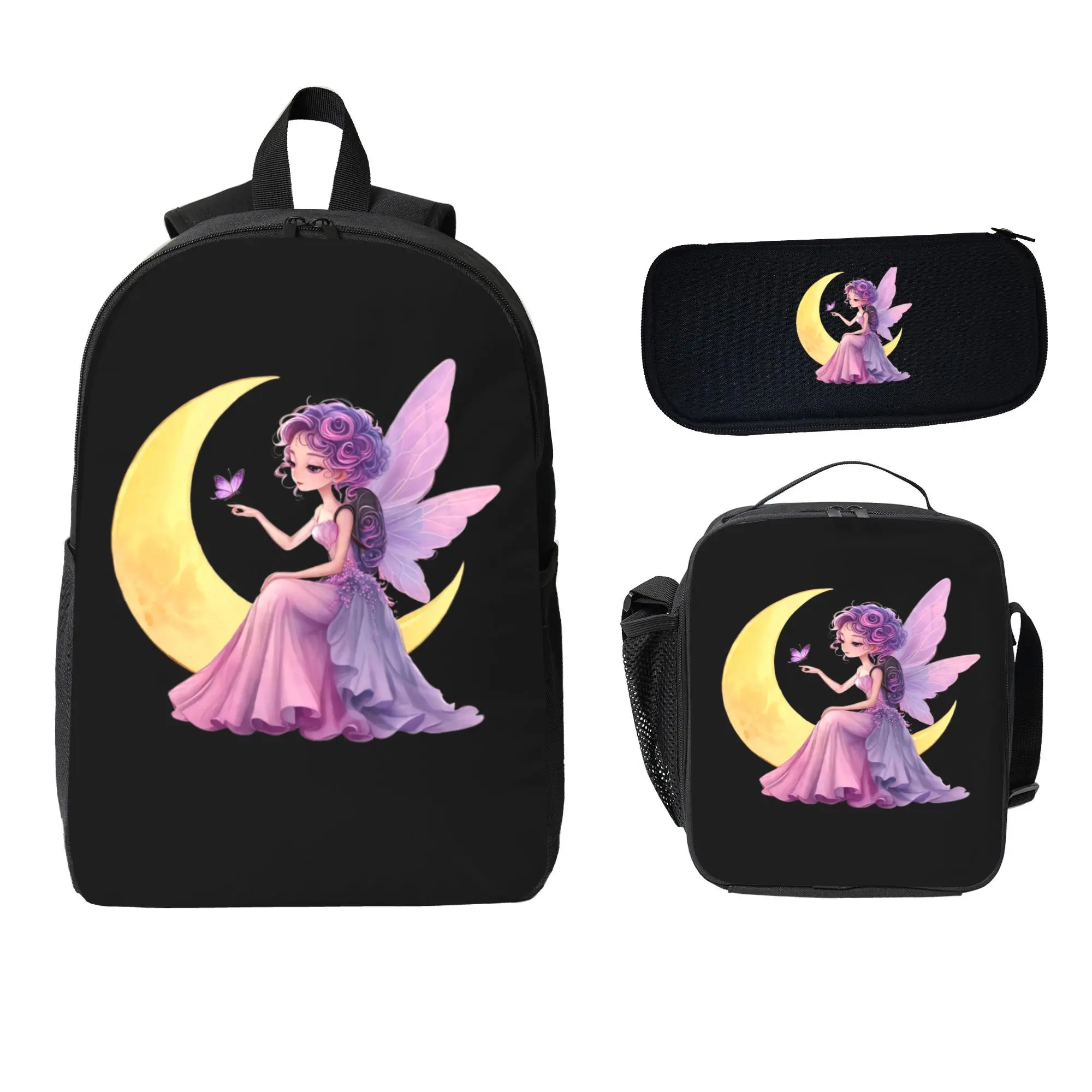 Universal 3 In 1 Dreamy Watercolor Purple Hair Crescent Moon Butterfly Fairy Backpack Set For Elementary School Little Girls Magical Fairycore Princess Fantasy Lovers, Lightweight Water Resistant Polyester Soft Whimsical Aesthetic School Backpack