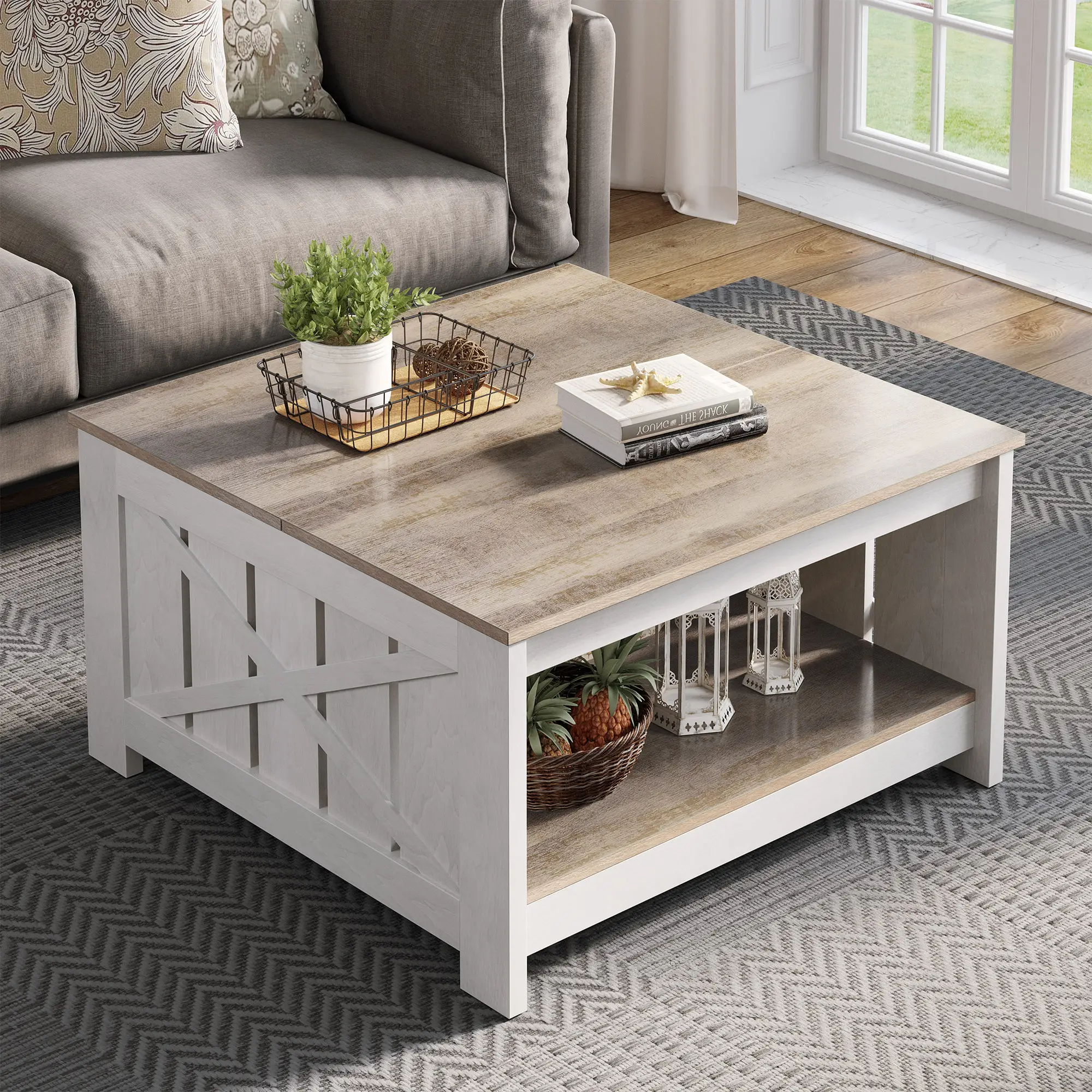 YITAHOME Farmhouse Coffee Table, Coffee Table with Storage, for Living Meeting Room with Half Open Storage Compartment, Rustic Wood Cocktail Table
