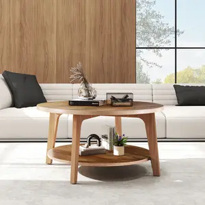 Rustic 32'' Round Wood Coffee Table–2-Tier Living Room Center Table with Storage,31.5'' Stylish Wooden Desktop for Organized Decor & Functionality,Stable Anti-Slip Design,Sturdy Weight Capacity Thick & Durable Wooden Desktop,Stable Anti-Slip Coffee tables