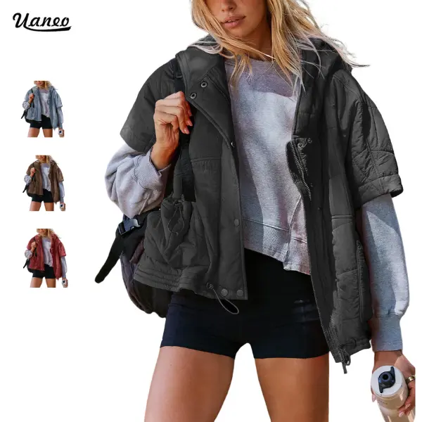 UANEO Women's Oversized Puffer Vest Hooded Quilted Jacket | Fall Winter Zip Up Poncho Coat with Pockets, Short Sleeves Button Down Padded Outerwear, Casual Travel Work Lounge Outfit