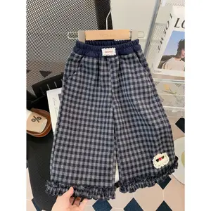 Girls' Spring and Autumn Vintage Plaid Wide-Leg Pants with Ruffled Edges, Loose Casual Pants, Versatile Forest-Style Children's Straight-Leg Pants