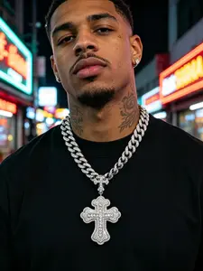Trendy Religious Cross Pendant Set, Fashionable Hip-Hop Cuban Chain Necklace for Men & Women, High-Quality Christian Jewelry Gift