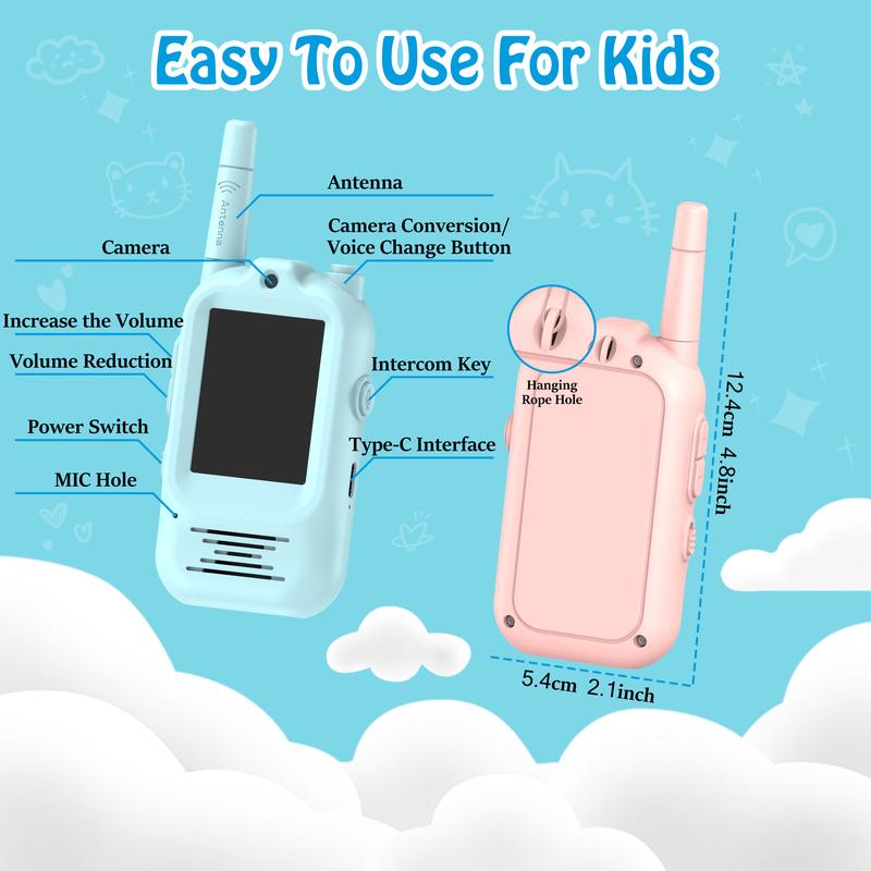 Video Walkie Talkies for Kids, Christmas Gift Handheld Rechargeable Video Intercom Kids Walkie Talkies, Indoor Outdoor Toys for Family Games, Outside, Camping, Hiking for Boys Girls Ages 3-12 (Blue/Pink)