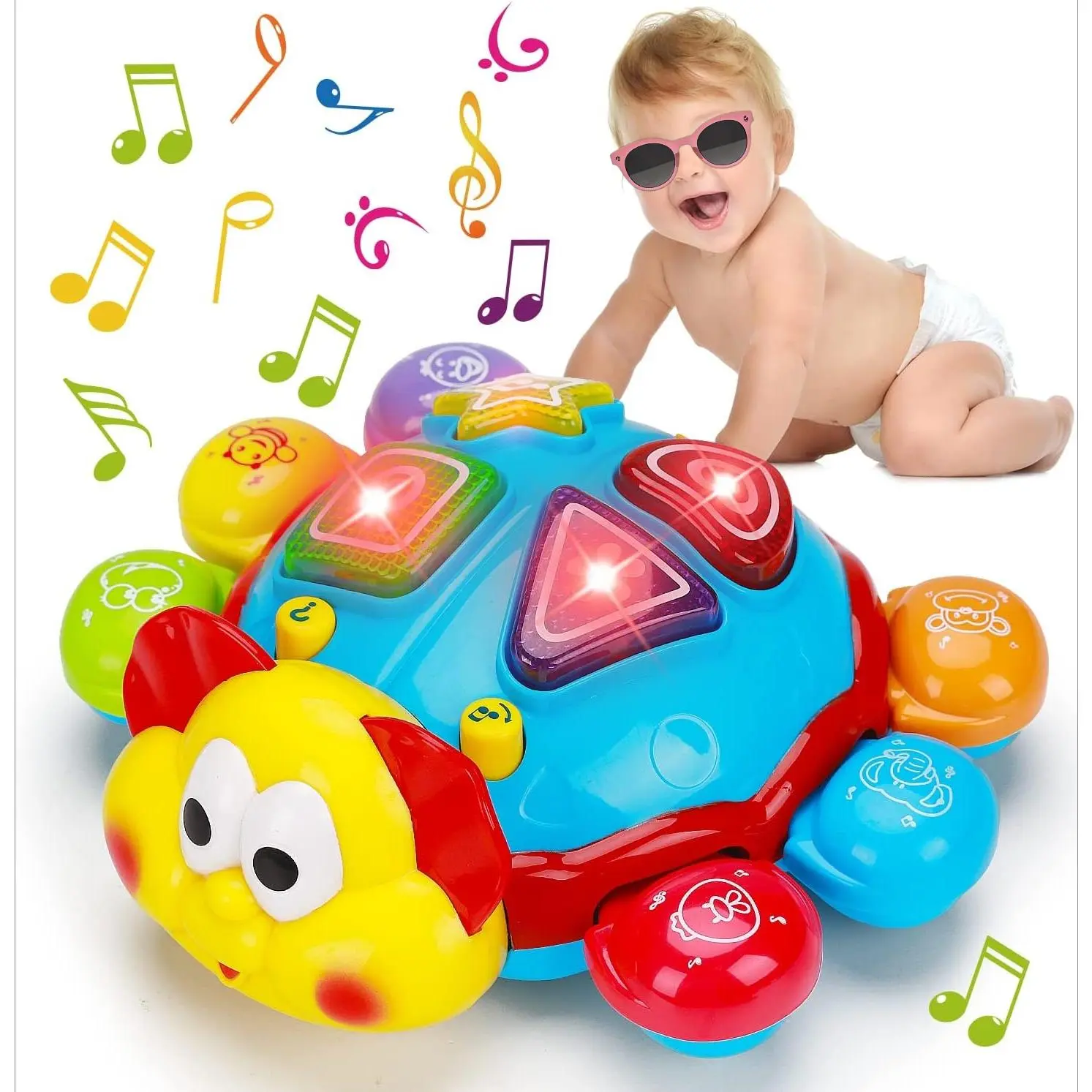 P-MT011  Baby Crawling Toys 6 to 12 Months Spanish English Bilingual Learning Toys for Infants 0-3-6 7 8 9 10 12-18 Month Educational Musical Light Up Toy 1 Year Old Boy Girl Treat Gift Toddler Tummy Time