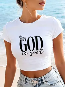 GOD Is Good Letter Print Crop T-Shirt, High Stretch Breathable Selfie-Friendly Atmosphere Top, Vacation Outfits