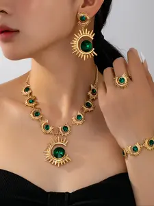 Elegant Crystal Eye Jewelry Set, Alloy Hollow Design Necklace Bracelet Ring Earrings, Versatile Women's Accessories