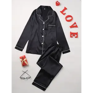 Present Solid Pajama Set, Long Sleeve Button Up Lapel Top & Pants Pj Set, Women's Sleepwear & Loungewear