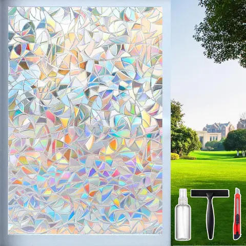 Rainbow Window Privacy Film with Cutting Reference Line, 3D Decals Stained Glass Clings, Static Cling Sticker, Suncatcher Windows Cover Tint for Home, 17.5 Inch x 78.74 Inch