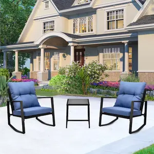 3 Pieces Patio Bistro Set Outdoor Rocking Chair  Blue Cushion for Yard Garden Poolside Rocking chair