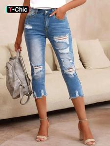 women's plain ripped raw hem skinny jeans, casual pocket button capris denim pants for summer, capri pants, fashion women's denim for daily wear, womenswear, slim bottom, distressed jeans, casual denim trousers