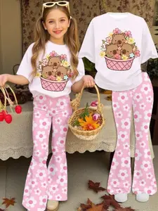Summer 2-Piece Set Cute Kirby Print Teen Girls Casual Minimal Short Sleeve Top and Pants, Vintage Street Style, Comfortable Fashion, Round Neck Set