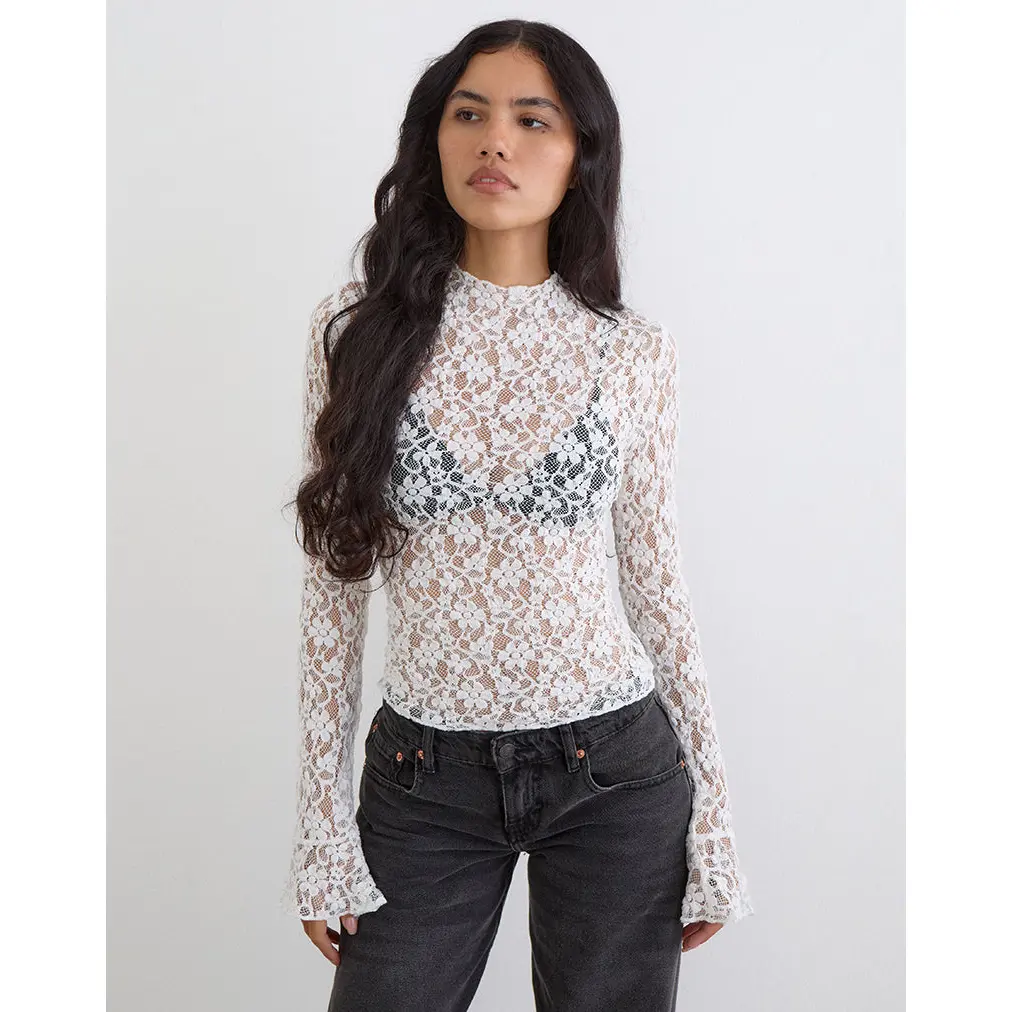 Beerus Long Sleeve Mock Neck Top in Lace Ivory