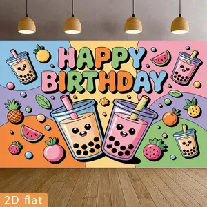 1pc Polyester 2D Flat Party Banner - Birthday Theme with Summervibes, Bubble Tea & Cartoon Fruits, Vibrant Festive Backdrop for Home Party Supplies