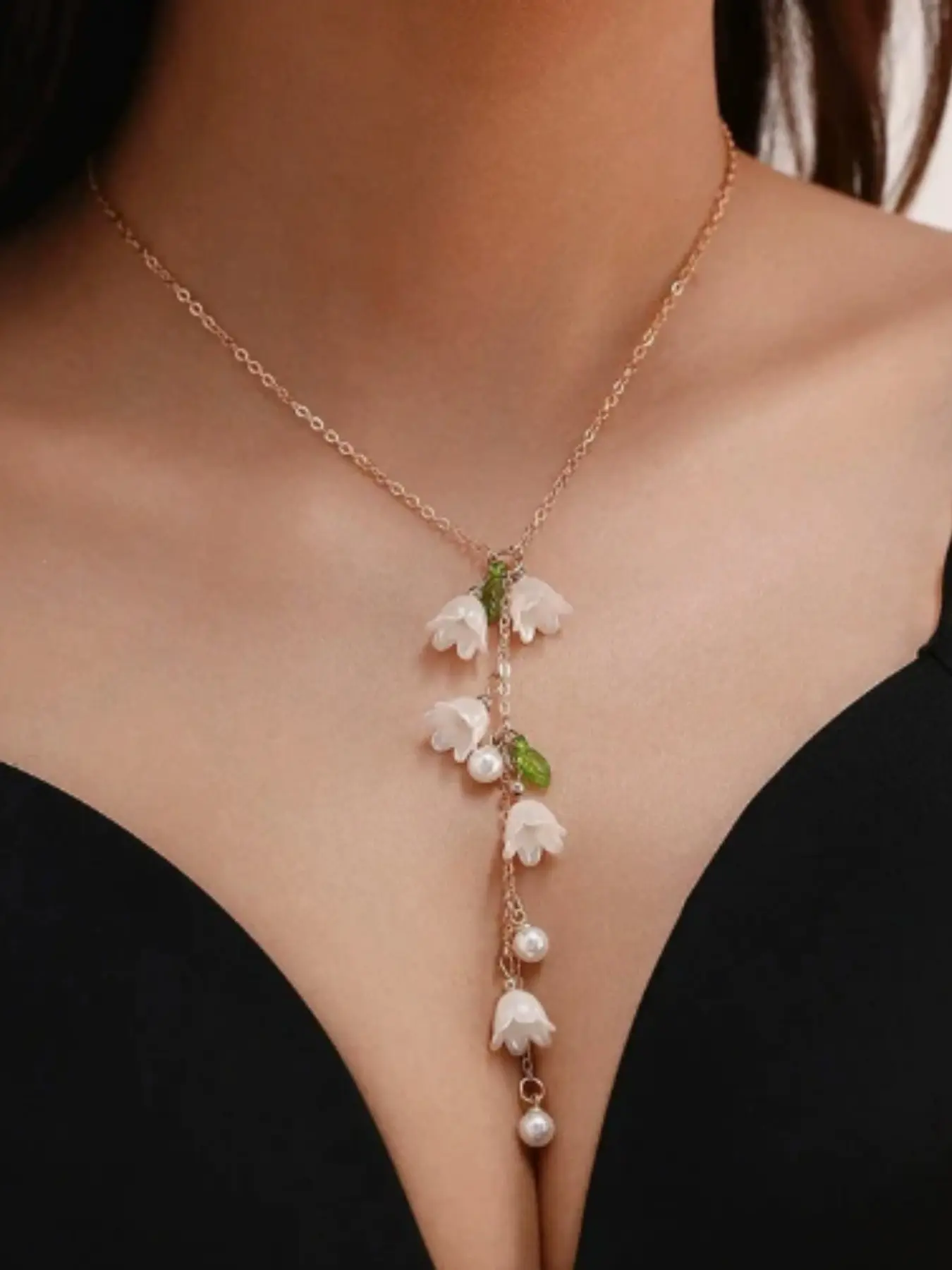 Tassel Imitation Pearl Necklace, European and American Cross-Border Jewelry, Forest Style Sweet Fresh Lily-Of-The-Valley Pendant Chain, Faux Pearl Jewelry