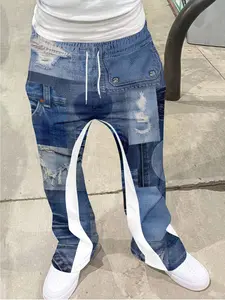 Men's Vintage Distressed Bell Bottom Pants, Luxury Denim Print Drawstring Sports Long Pants, 3D Soft Breathable Fabric, Casual Daily Wear, Fitted Jeans Menswear