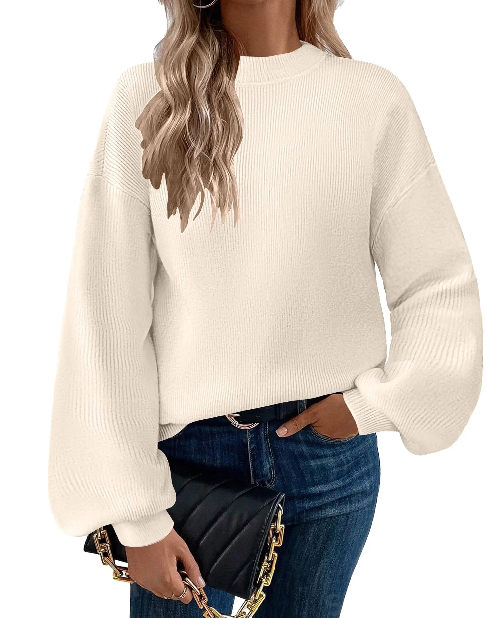ZEAGOO Sweaters for Women Pullover Turtleneck Long Sleeve Oversized Lantern Ribbed Knit Sweater Tops Womenswear Casual Check Comfy