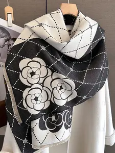 Autumn Winter Fashion Striped Colorblock Camellia Print Long Scarf, Boho Style Scarf, Multi-Functional Neck Warmer Shawl, Stylish Two-In-One Wrap