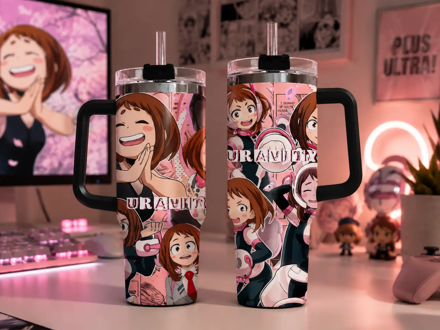 Ochako Uraraka Uravity 40oz Insulated Tumbler With Handle & Straw, My Hero Academia Double-Wall Vacuum Insulation Tumbler, Stainless Steel Travel Mug, Gift For Anime Lover, Gift For Your Health