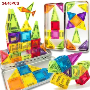 Mini Magnetic Tiles, 24/40PCS Magnetic Building Blocks with Iron Box, Creative Building Blocks, Building Block Sets, Magnet Toys Travel Size On-The-Go Construction Set STEM Travel Toys for Boys and Girls Ages 3+