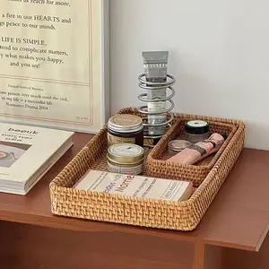 Woven Desktop Storage Box, Long Rectangular Cosmetic Organizer Basket, Coffee Table Display Tray, Multipurpose Wicker Bin