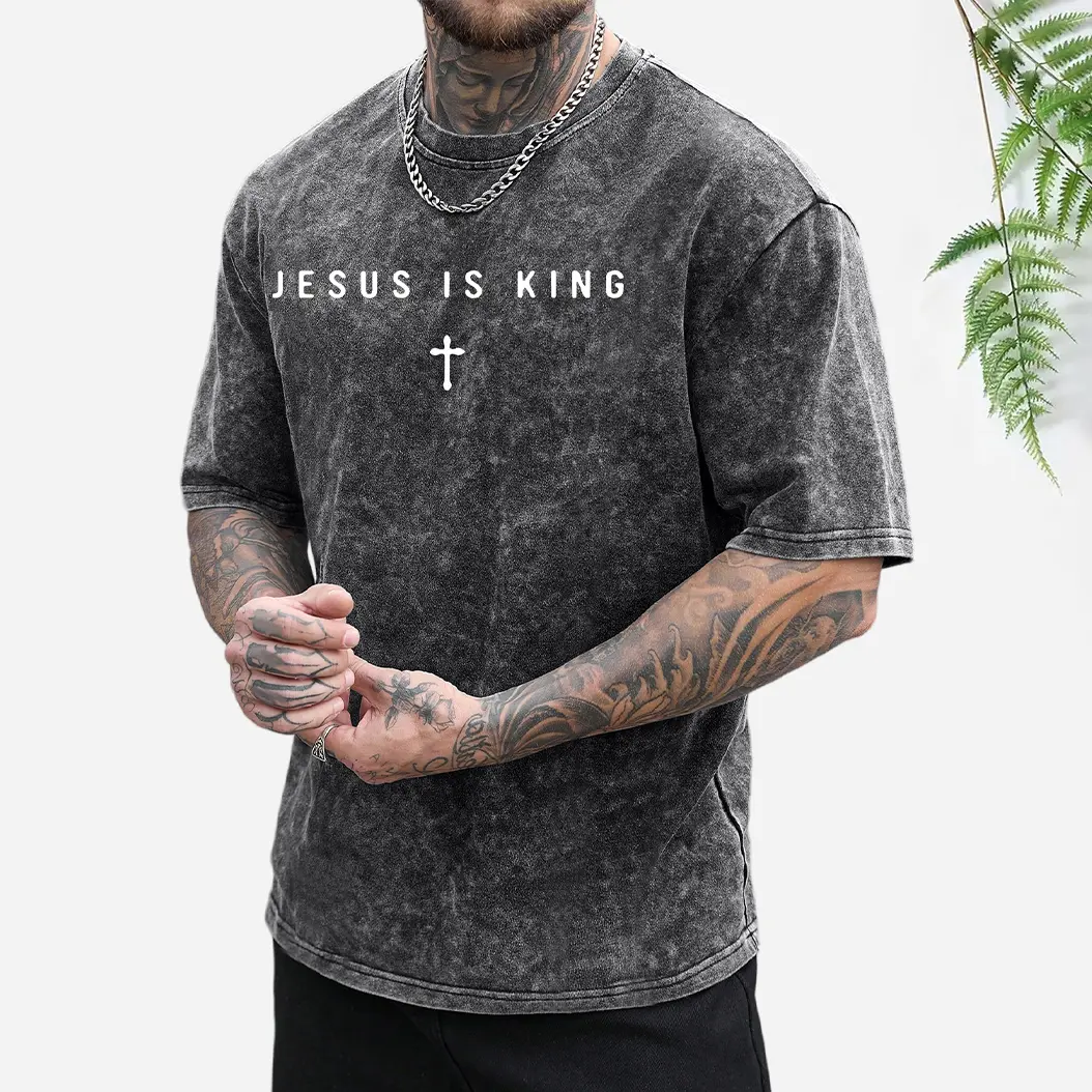 Wash-worn cotton men’s T-shirt with “Jesus is King” letter print and cross print; casual commuter crew-neck short-sleeve tee, 2000s style. Suitable for running, golf, fishing, basketball, camping, gym, swimming, and beach; a great gift for men.