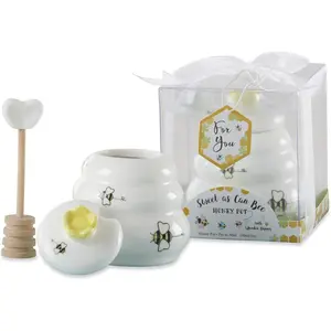 Sweet as Can Bee Ceramic Mini Honey Pot with Wooden Honey Dipper (3.4 oz) Honey Jar, Bee Decor, White/Yellow (23261WT)