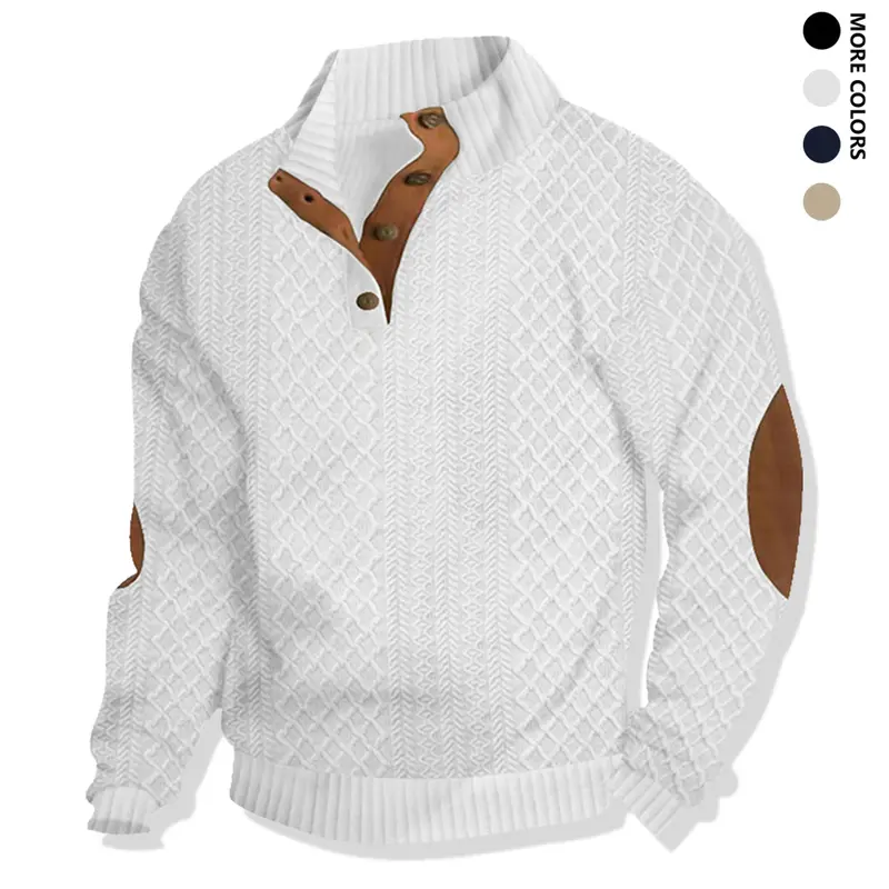 Men's Form-Fitting Long Sleeve Knitwear Sweatshirt Jacket - Vintage Mensfashion Tops with Leather Elbow Accents, Mixed-Texture Design for Autumn Winter Daily Commuting, Weekend Casual Wear