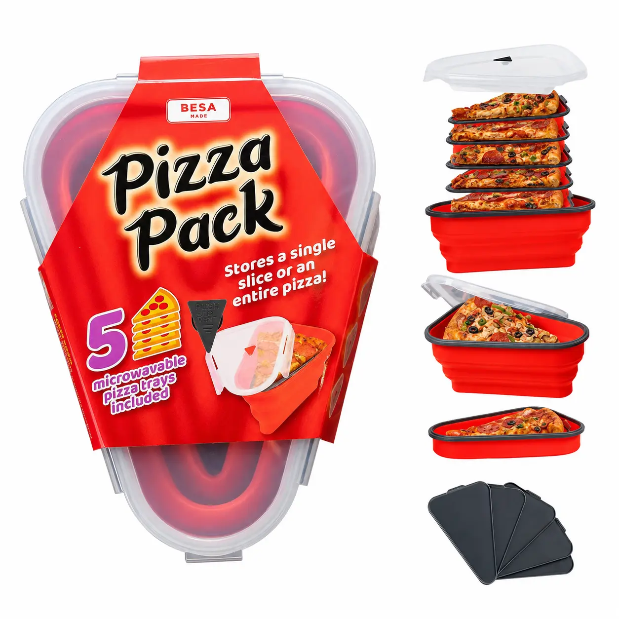 Collapsible Silicone Pizza Storage Container with Airtight Snap-On Lid, 5 Microwave-Safe Slice Dividers, Reusable BPA-Free Pizza Keeper, Stackable Space-Saving Food Organizer for Fridge, Freezer & Kitchen Storage
