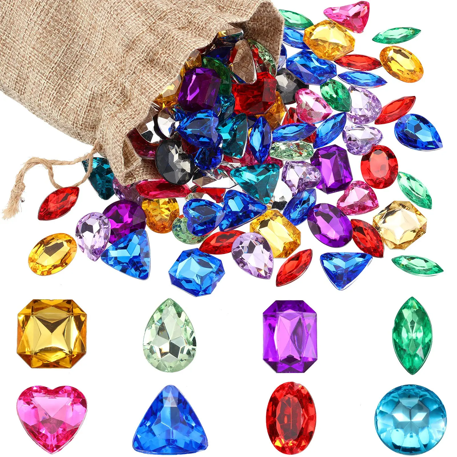100PCS Pirate Treasure Toy Gems Multicolor Acrylic Diamonds Plastic Jewels with Bag for Party Favors Decor